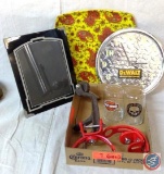 Miscellaneous flat, picture frame, paisley print plastic tray, DeWalt wall clock, 2 Harley-Davidson