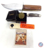 Mixed lot; OJ collectible, pin, Knife, pocket knife and 1979 Ltd. Don Zimmer Baseball History Series