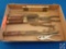 (1) Flat assorted items; wood folding ruler, ruler, pliers, knife.