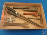 (1) Vintage Tiger Twin Double Alligator Wrench, (2) Pipe Wrenches, (2) Sharpening Steels, (1) Misc.