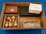 (1) box assorted items; Vtg Millers falls wood carving tool set, Diamond assorted blades, screw