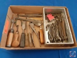 (1) Flat assorted items; crescent wrench, chisel, screwdrivers, open end wrenches assorted sizes,