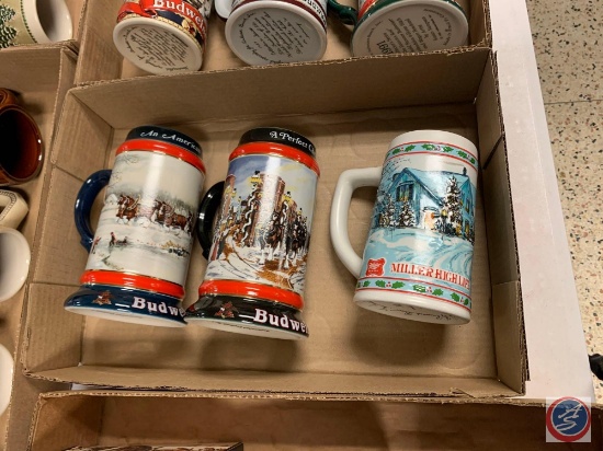 (2 ) bud steins, 1990 an American Tradition, 1992 a perfect Christmas, 1 miller lite stein ...