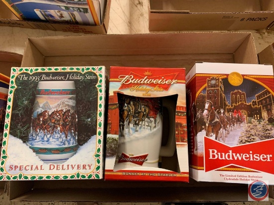 (3) Bud steins; 1993 Holiday Stein special Delivery, 2006 Sunset at the Stables, The limited Edition