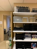 File sorters, wall sorters, clip boards, desk organizers everything on 4 shelves , notebooks, etc,