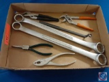 (1) Flat assorted Item; Pliers,Channel locking plier, (2) Craftsman double box end wrenches, slip