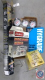 Assorted car parts, adapter plate carburator repair kit, & Summit water, oil, voltage gauge.