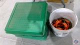 Tie downs, Bucket, 2 Green cases with assorted Items.