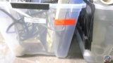 (2) Storage totes with lights and extension cords, door Knobs and parts, Hendges, and assorted power