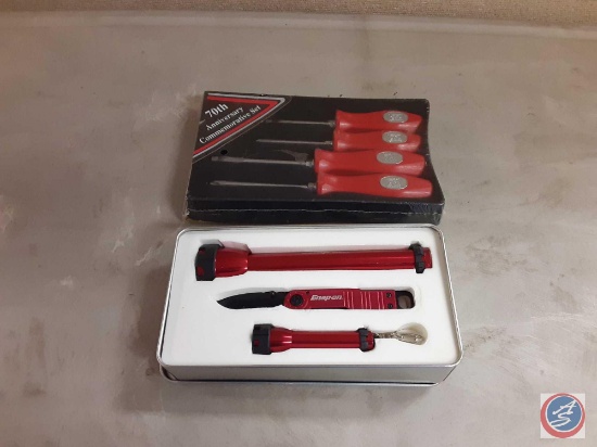 Snap-On 70th Anniversary Commemorative Set, 2 Flashlights, and Knife in a tin container.