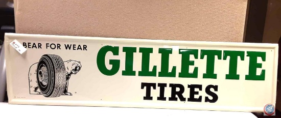 Gillette Tires Bear for the wear painted metal sign 73x19.