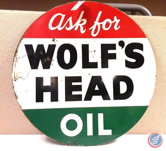 Ask for Wolf's Head Oil two sided Painted Metal Sign 36x36.