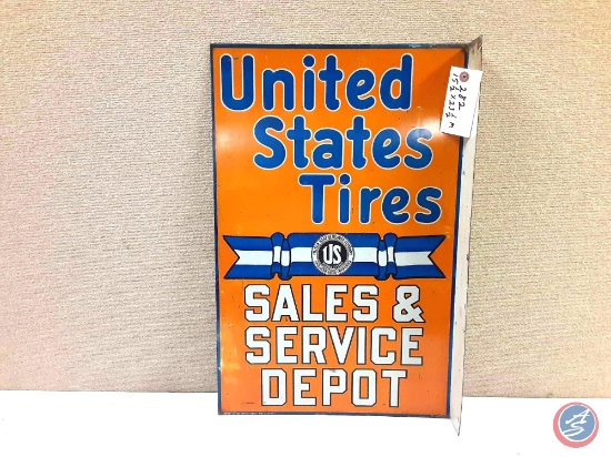 United Sates Tires Two Sided Flange Metal Porcelain sign 15.5 x 3.5.