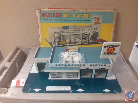 Vintage Westgate Auto Center in original box, stickers and a bag of items that go with the Westgate