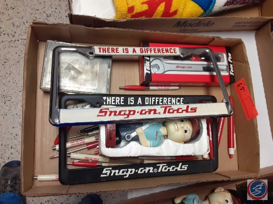 (1) Flat of assorted Snap-ON Tool items ; License Plate Holders, Crome on solid Brass belt Buckle,