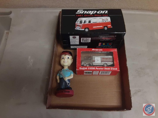 (1) Flat Snap-on items...Containing ; Snap-on Kodiak C6500 Pewter Desk Clock, Snap-on 1961 Divco Ste