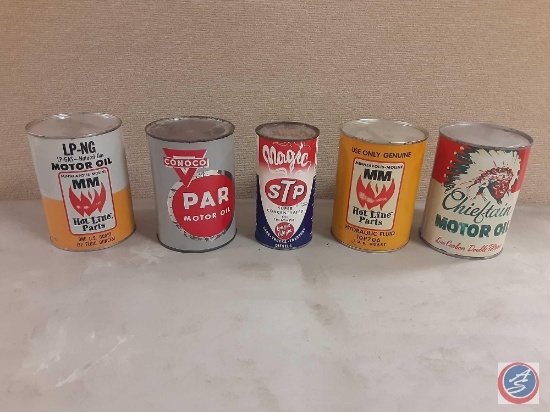 (5) Vintage STP, Hydraulic Fluid and OIl Cans (LP-NG Motor Oil{Full}, Conoco Par Oil {Full}, Magic