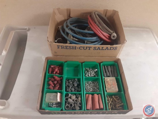 (1) Box of Hoses of Assorted Sizes and Styles, (1) Flat with Spark Plug Protective Rubber Insulators
