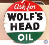 Ask for Wolf's Head Oil two sided Painted Metal Sign 36x36.