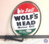 We Sell Wolf's Head Motor Oil Two Sided Flange Painted Metal sign 24 1/2 x 32