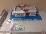 Vintage Sears Service Center Drive In play set, with bag of assorted items for the drive in