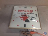 Wolf's Head Motor Oil & Lubes Clock; Minute Hand moves lite doesn't come on, 15x15x4.