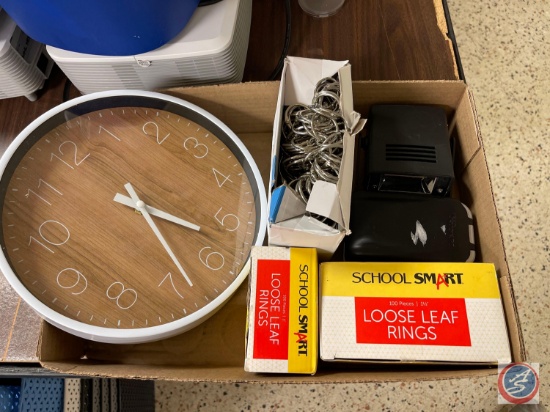 (2) Flats of assorted items, Clock, School Smart Loose Leaf Rings, Master Lock.