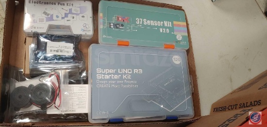 (1) Flat of assorted items; Electronics Fun Kit, 37 Sensor Kit V2.0, Super UNO R3 Starter Kit Design