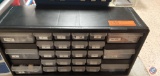 Plastic 26 drawer container, containing assorted items, press switches, assorted circuits etc...