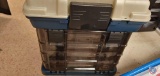 Plastic tool box top container , 4 plastic trays with lids pull out and contain , hooks and misc