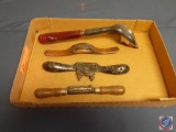 (1) Flat of assorted vintage hand tools; (1) STANLEY... Scraper ; (1) Spoke Shaver; spoke shave plan