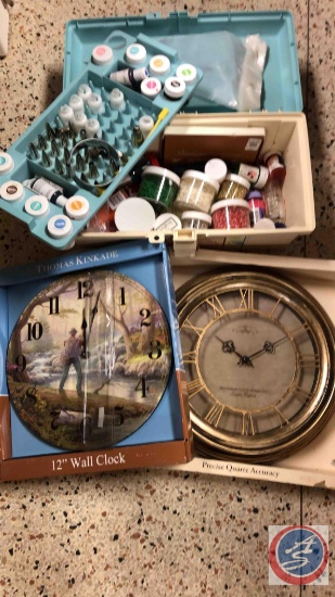 (1) Tool Box full of Cake Decorating Stuff, 12" Wall Clock with Fishing Scene, Precise Quartz