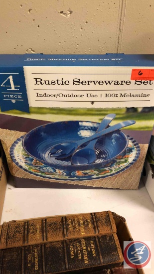 Rustic Serveware Set Melamine Indoor/Outdoor use, Perennial Tea Rose Rooster Pan.