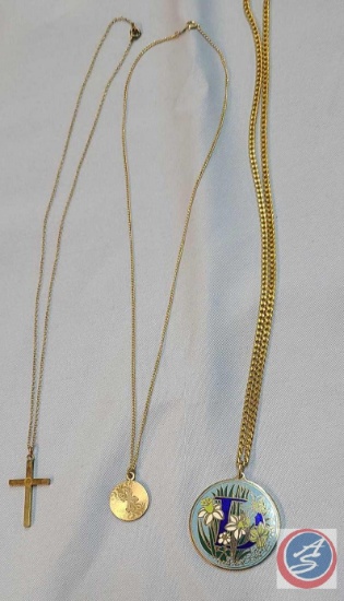 (3) 17" gold tone chain w/ medallion cross, 17" gold tone chain w/ cross and gold tone chain with
