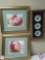 (2) Framed Floral Pictures, (1) Framed 3 bird porcelain plates. 9.5