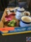 (1) Flat containing assorted items; Topaz Hummingbird, (2) pottery egg cups, (1) Coffee mug hand