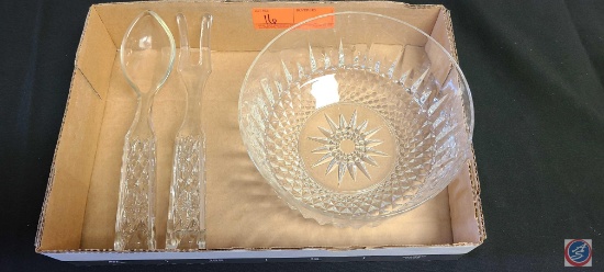 (1) Vintage Glass Salad Bowl with matching Fork and Spoon for serving.