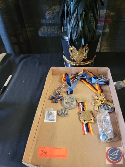 (1) Flat of assorted Medals, a patch, (1) Union Military Fork Academy Hat.