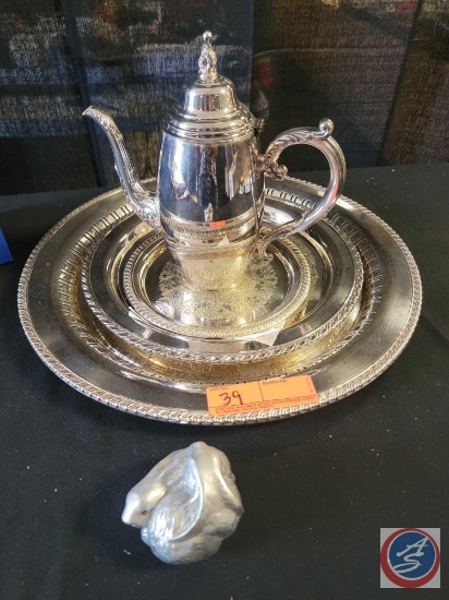 (1) Sliver Tea Pot by WM A Rogers , (3) Sheridan...Silver plated platters , (1) Snuggling rabbits