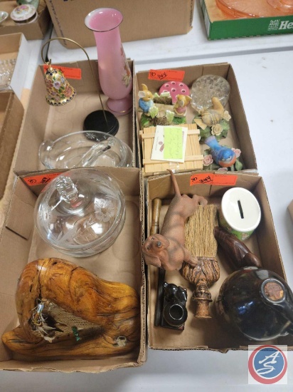 (4) Flats of assorted Items to many to list; (3) Turtles, Dog and Duck, Vases, baby bird figurines,