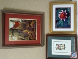 (3) Framed Pictures, (1) Cardinal Themed Framed Picture Phillip Powell 1991, (1) Cardinal With