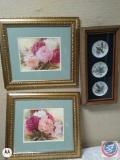 (2) Framed Floral Pictures, (1) Framed 3 bird porcelain plates. 9.5