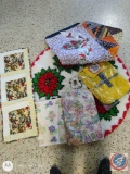 Assorted Fabric Pieces, Quilted Runner, Rug Hooked Tree Skirt