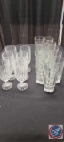 (1) Box of Assorted Glasses, (11) Tall Tea Glasses, (6) Pedestal Glasses.