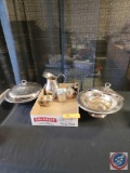 (2) Sliver Plated Serving Dishes, (1) Silver Plated Cup, Silver Plated Sugar bowl, Creamer,(1) Wm A
