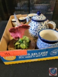(1) Flat containing assorted items; Topaz Hummingbird, (2) pottery egg cups, (1) Coffee mug hand