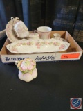 (1) Flat of assorted China... to many to list; Tea Cups & saucers, serving dishes, trinket box,