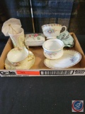 (1) Flat of assorted porcelain china items to many to list; Umbrella, Tea Cup & Saucer, Broken