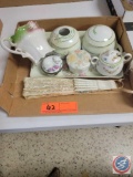(1) Flat of assorted China Items to many to list; Lace Fan, Pitcher, Sugar Bowl, Trinket holder,