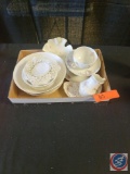 (1) Flat of assorted China to many to list: Mikasa Bone China bowl, Creamer and platter, tea cups